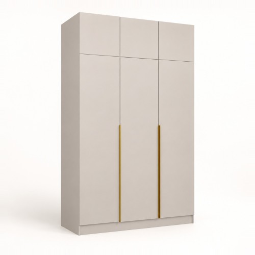 Szafa 3-drzwiowa 150 cm z 11 półkami i drążkiem, z nadstawkami, 250 cm Kaszmir, złote uchwyty