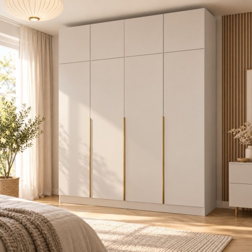 Szafa 4-drzwiowa 200 cm z 11 półkami i drążkiem, z nadstawkami, 250 cm Kaszmir, złote uchwyty – we wnętrzu