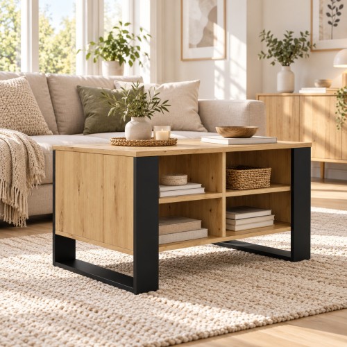 Ława 90 cm z 4 półkami pod blatem Dąb Artisan / Czarny – w salonie