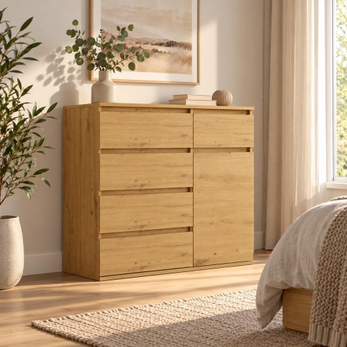 Komoda 100 cm z drzwiczkami i 5 szufladami Dąb Artisan – we wnętrzu