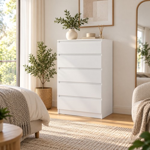 Komoda wysoka 70 cm z 5 szufladami Biały – we wnętrzu