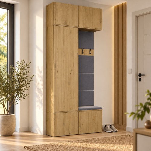 Garderoba do przedpokoju 100 cm: szafa + wieszak z siedziskiem, 238 cm Dąb Artisan – w przedpokoju