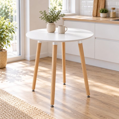 Okrągły stół 60 cm na drewnianych nogach Biały / naturalne nogi – we wnętrzu